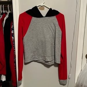 Red, black, and grey cropped hooded sweater